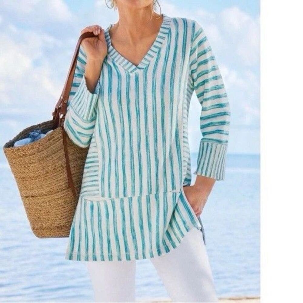 Soft Surroundings Briza Tunic Blue Stripe Terry V-Neck 3/4 Sleeve Womens Size XL